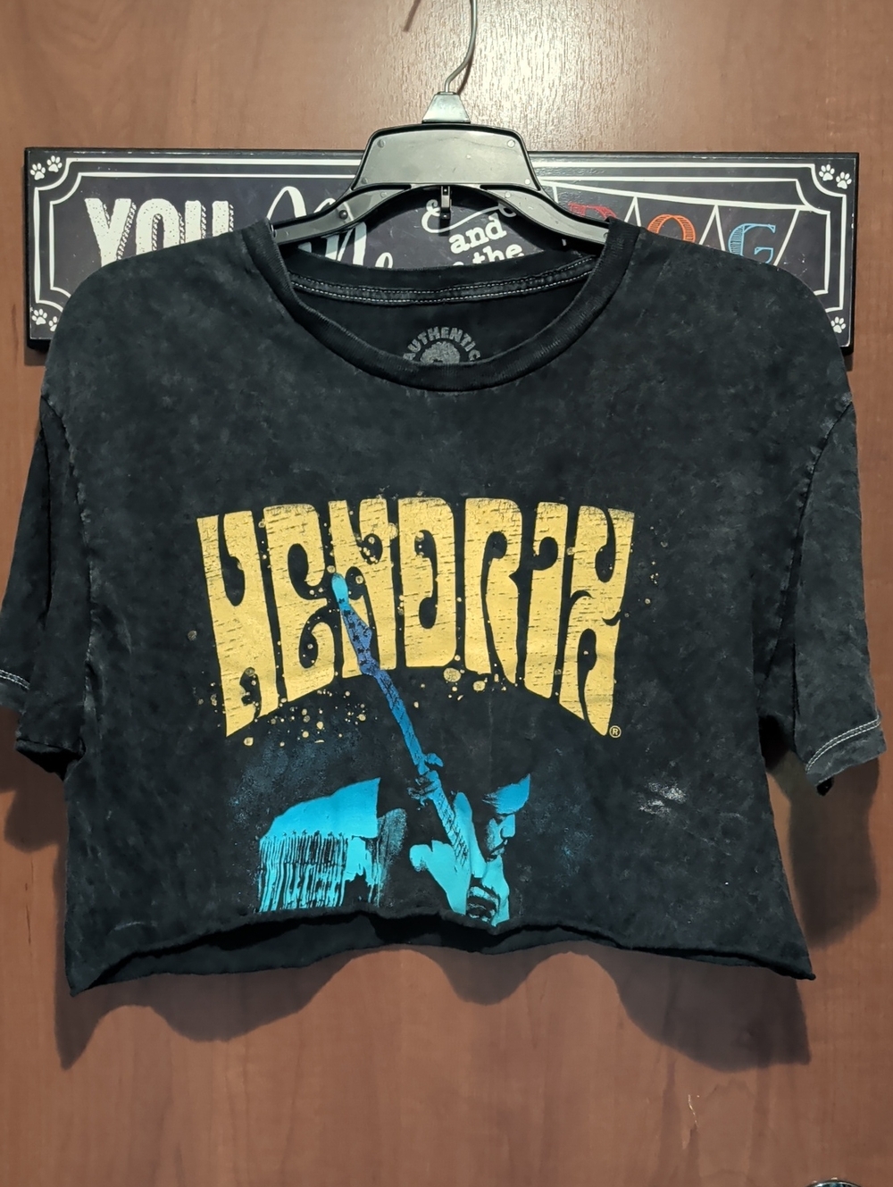 Authentic Hendrix Black Graphic Crop Tee with Yellow & Blue Print